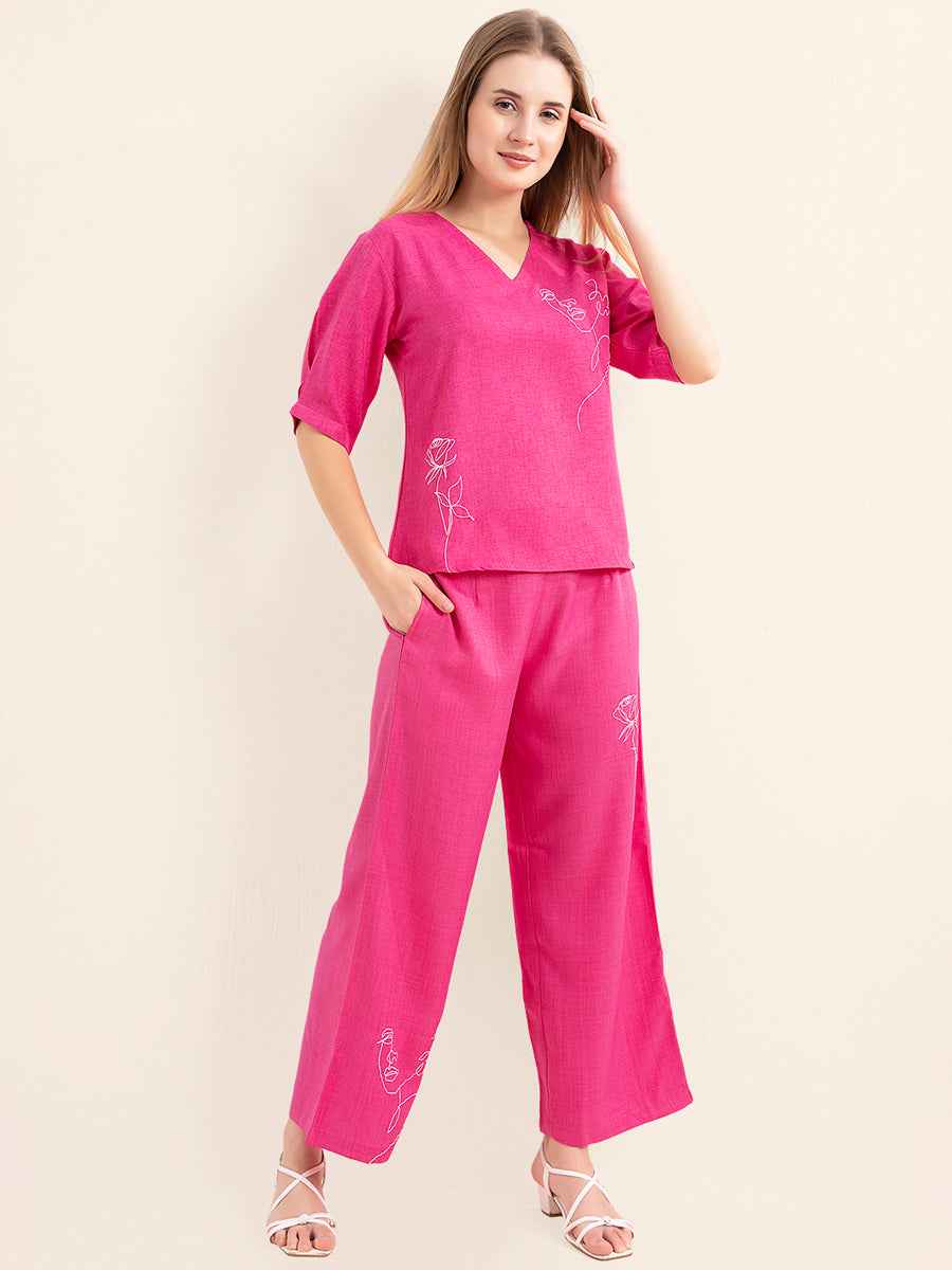 Linen Co-ord Set – Vibrant Pink V-Neck Top with Embroidered Straight Pants