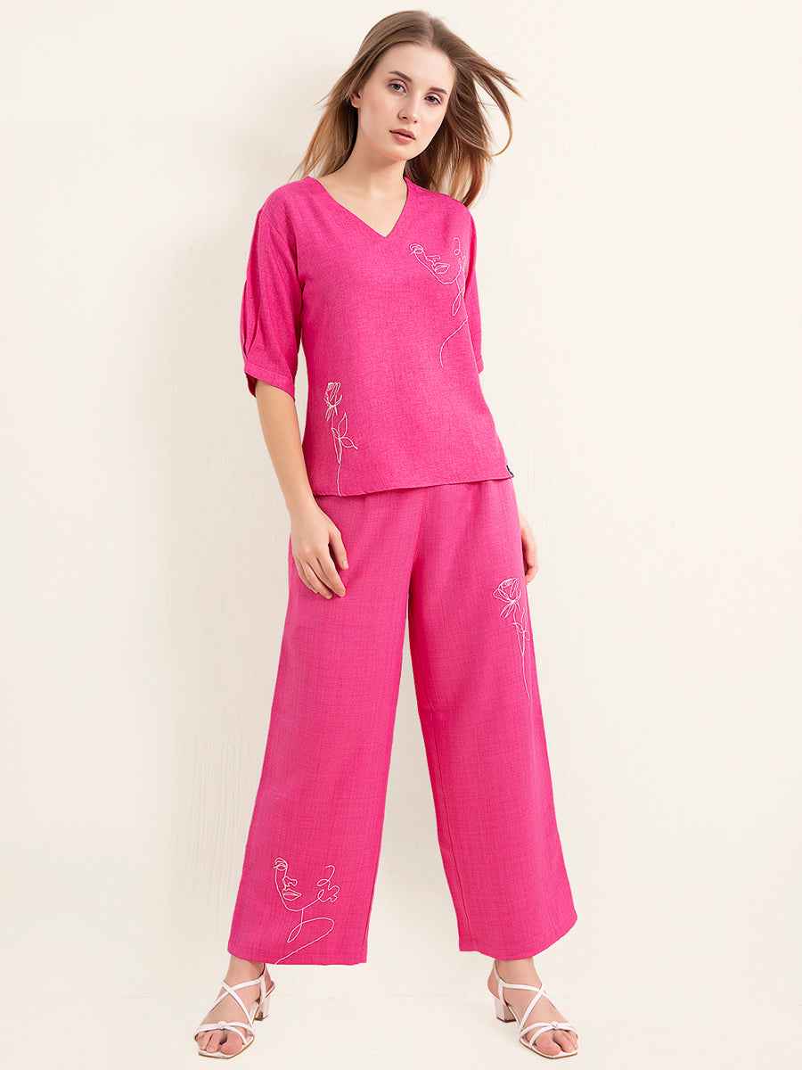 Linen Co-ord Set – Vibrant Pink V-Neck Top with Embroidered Straight Pants