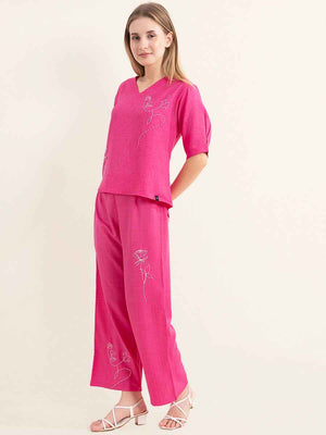 Linen Co-ord Set – Vibrant Pink V-Neck Top with Embroidered Straight Pants
