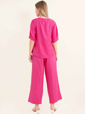 Linen Co-ord Set – Vibrant Pink V-Neck Top with Embroidered Straight Pants