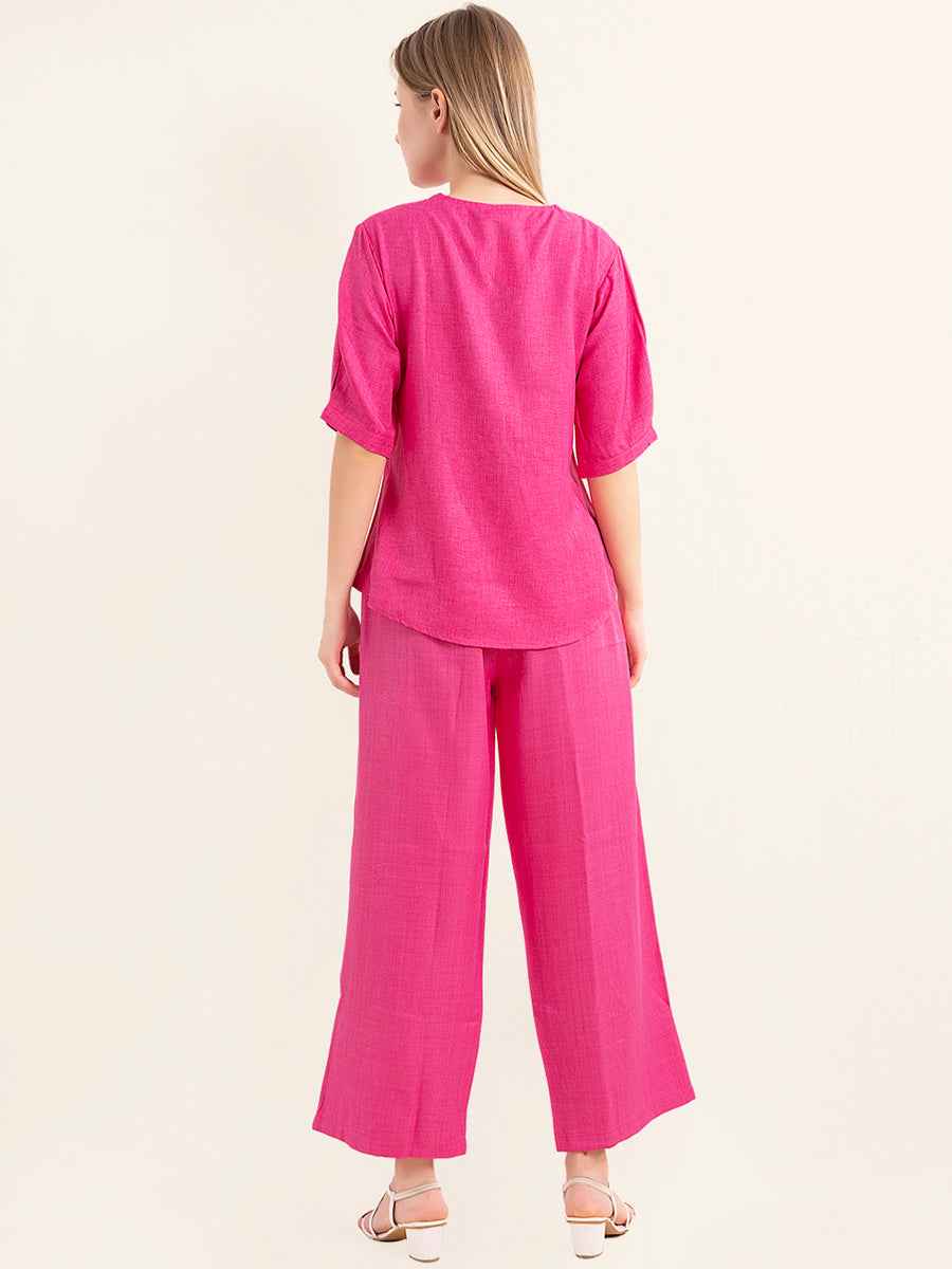 Linen Co-ord Set – Vibrant Pink V-Neck Top with Embroidered Straight Pants