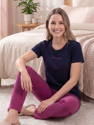 Cotton Night Suit-Navy Blue Top with Pink Printed Pyjama