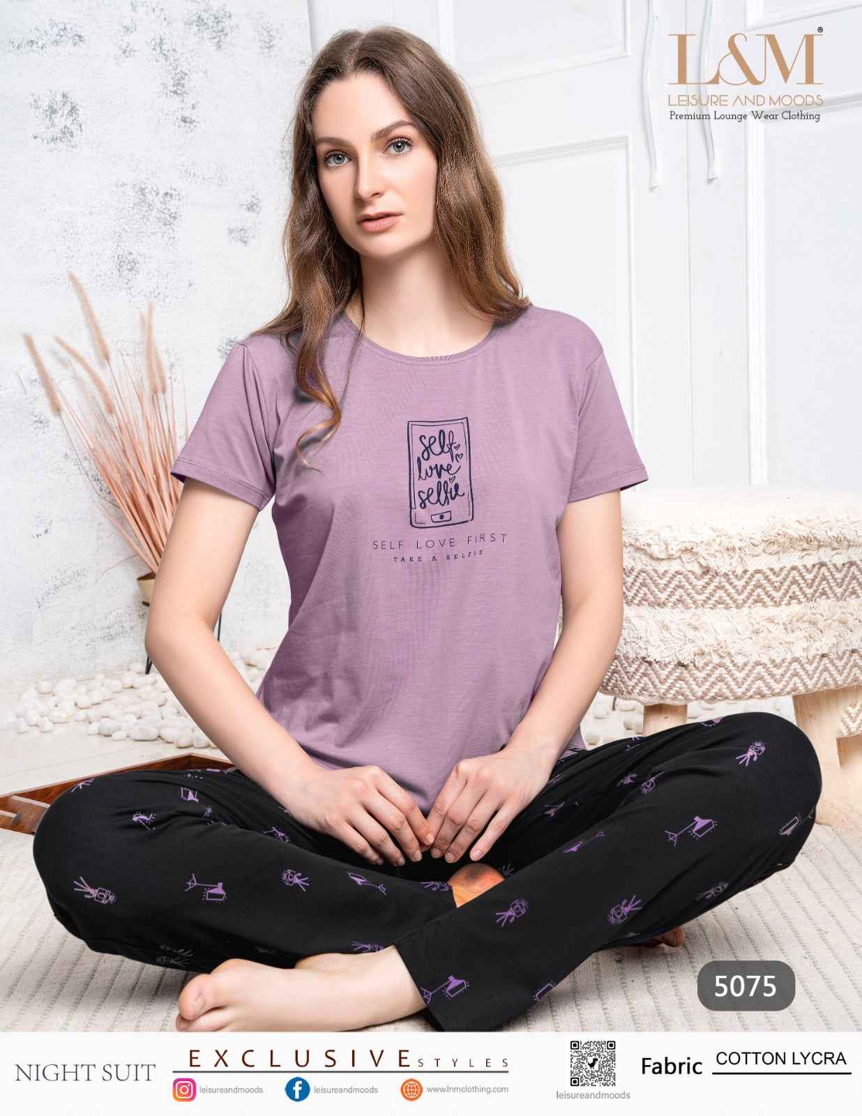 Night Suit – Self Love T-Shirt & Printed Black Pajama Set