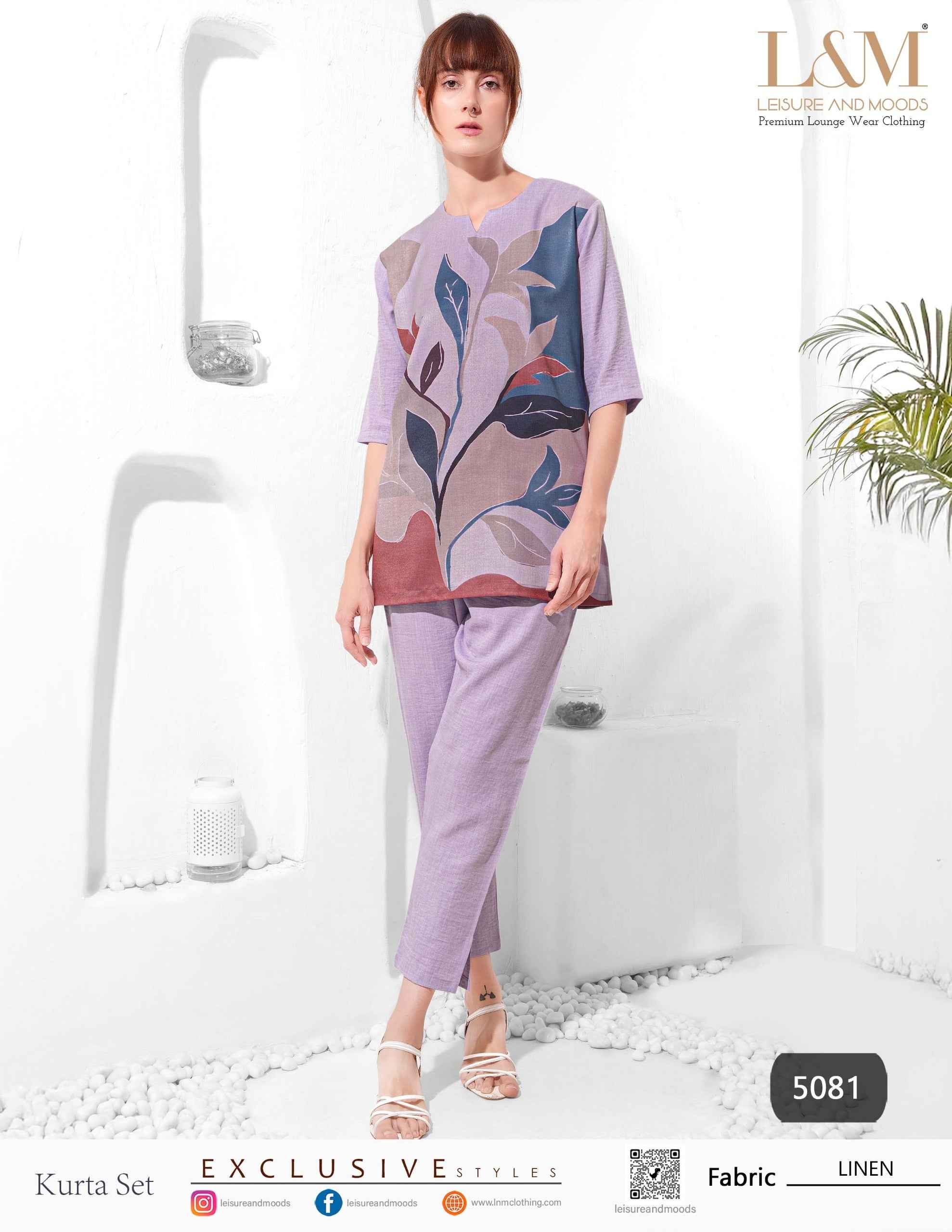 Linen Kurta Set – Lavender Straight Kurta with Bold Floral Print & Solid Pants