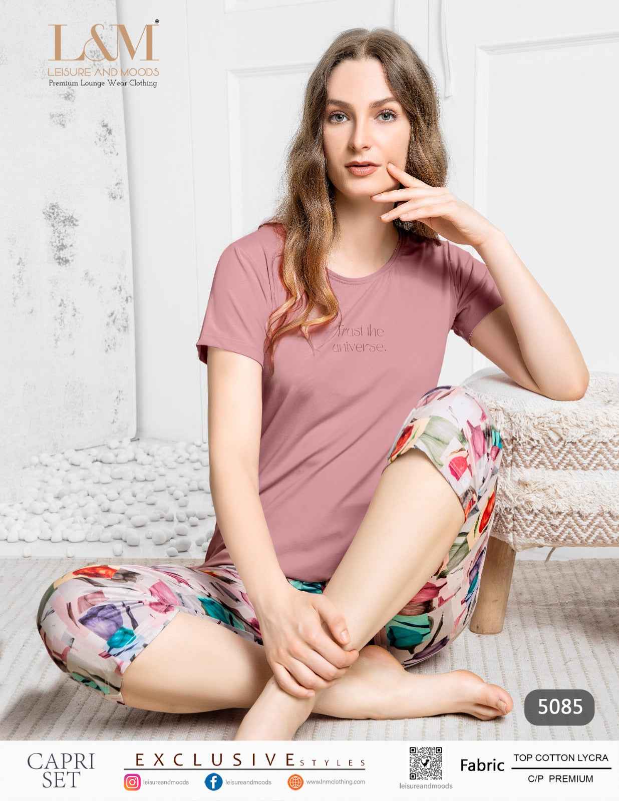 Night Suit - Pink Printed Top & Capri Set