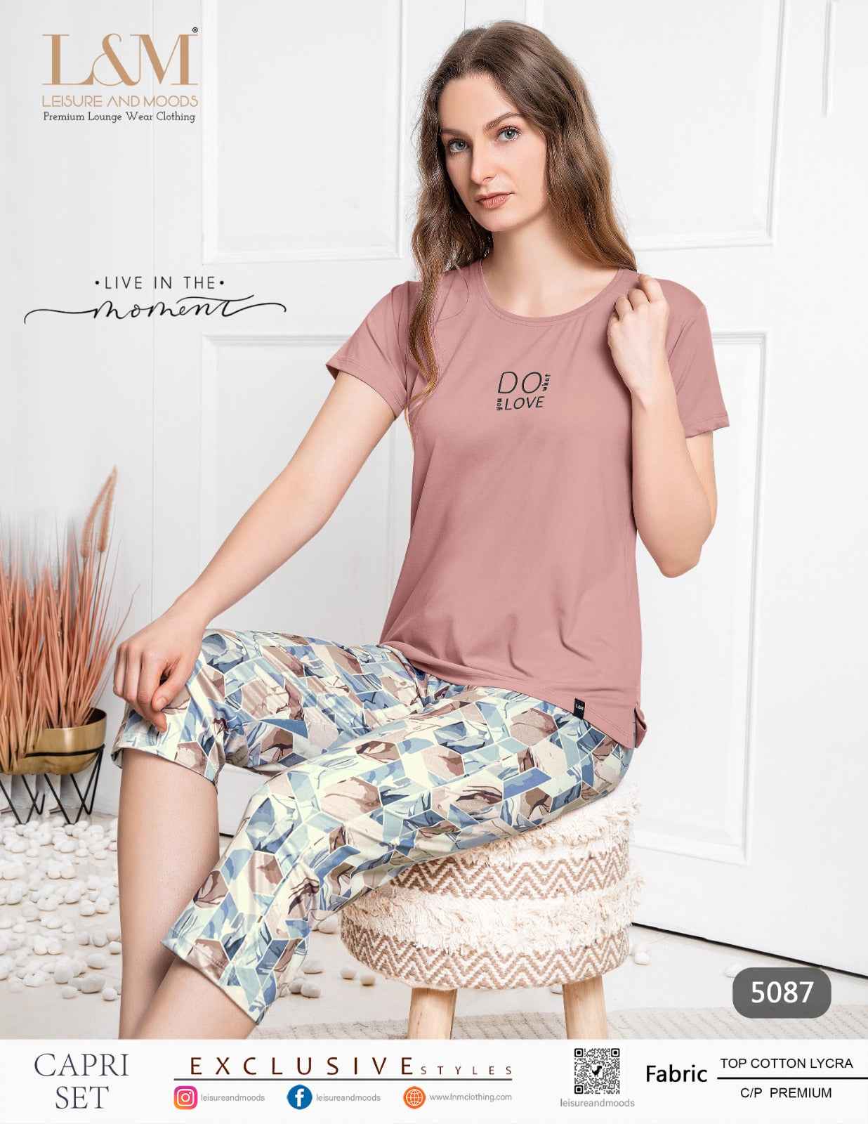 Night Suit- Pink Cotton Printed Set of Top & Capri
