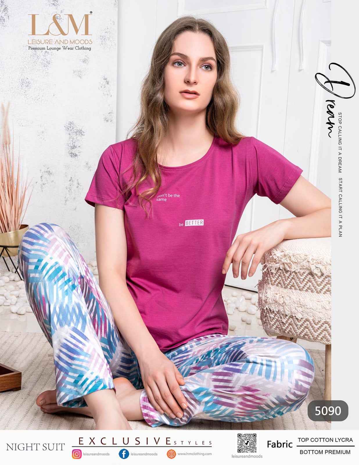 Night Suit - Magenta Cotton Printed Top & Pajama Set