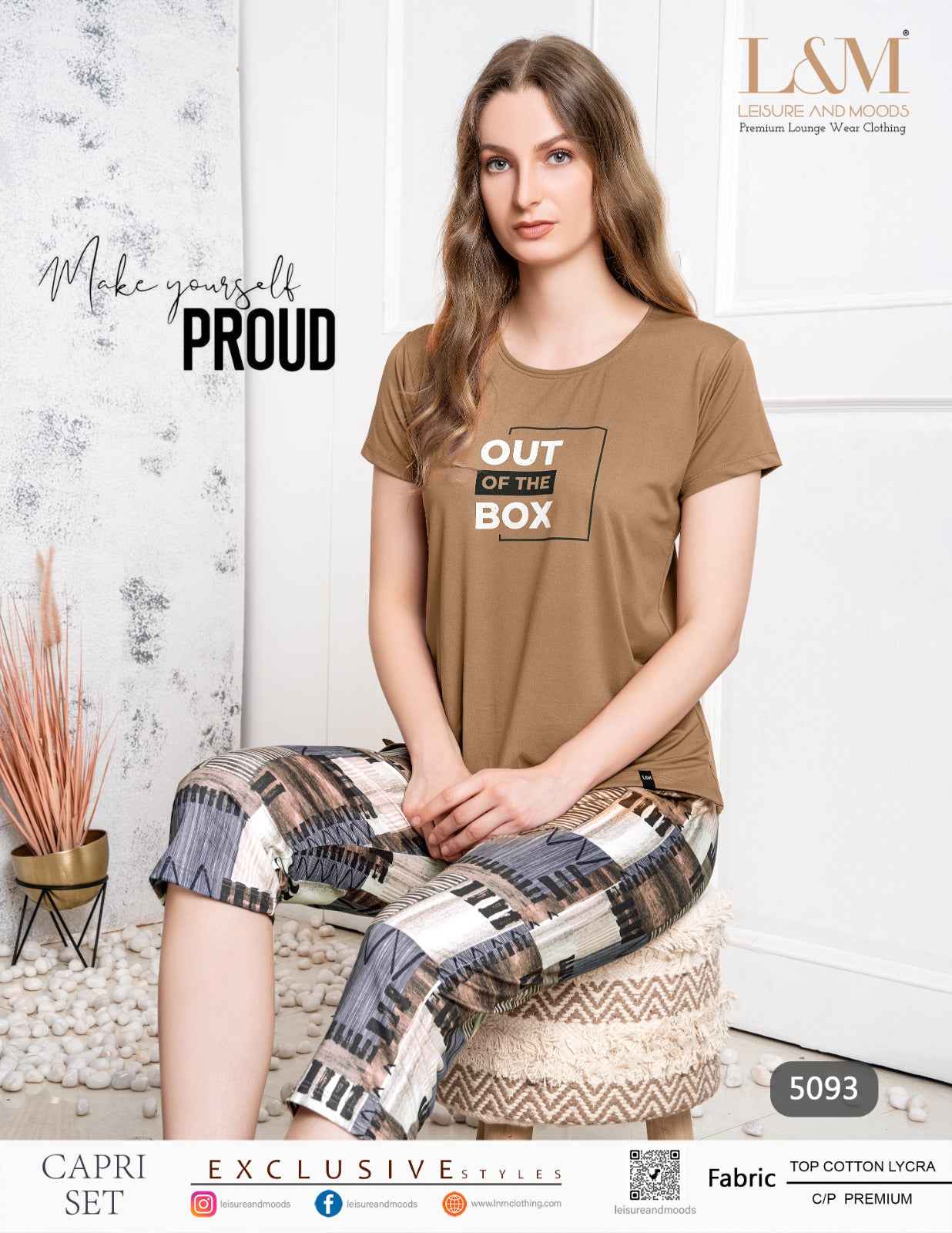 Night Suit - Brown Cotton Printed Top with Pyjama