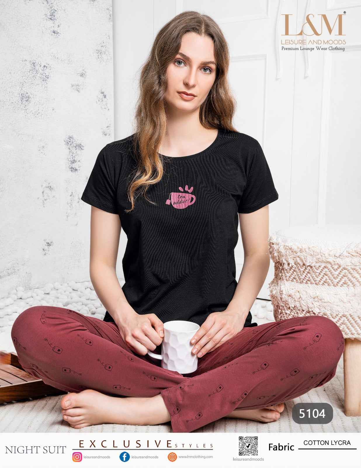 Night Suit -Tea Addict Printed Top with Pyjama