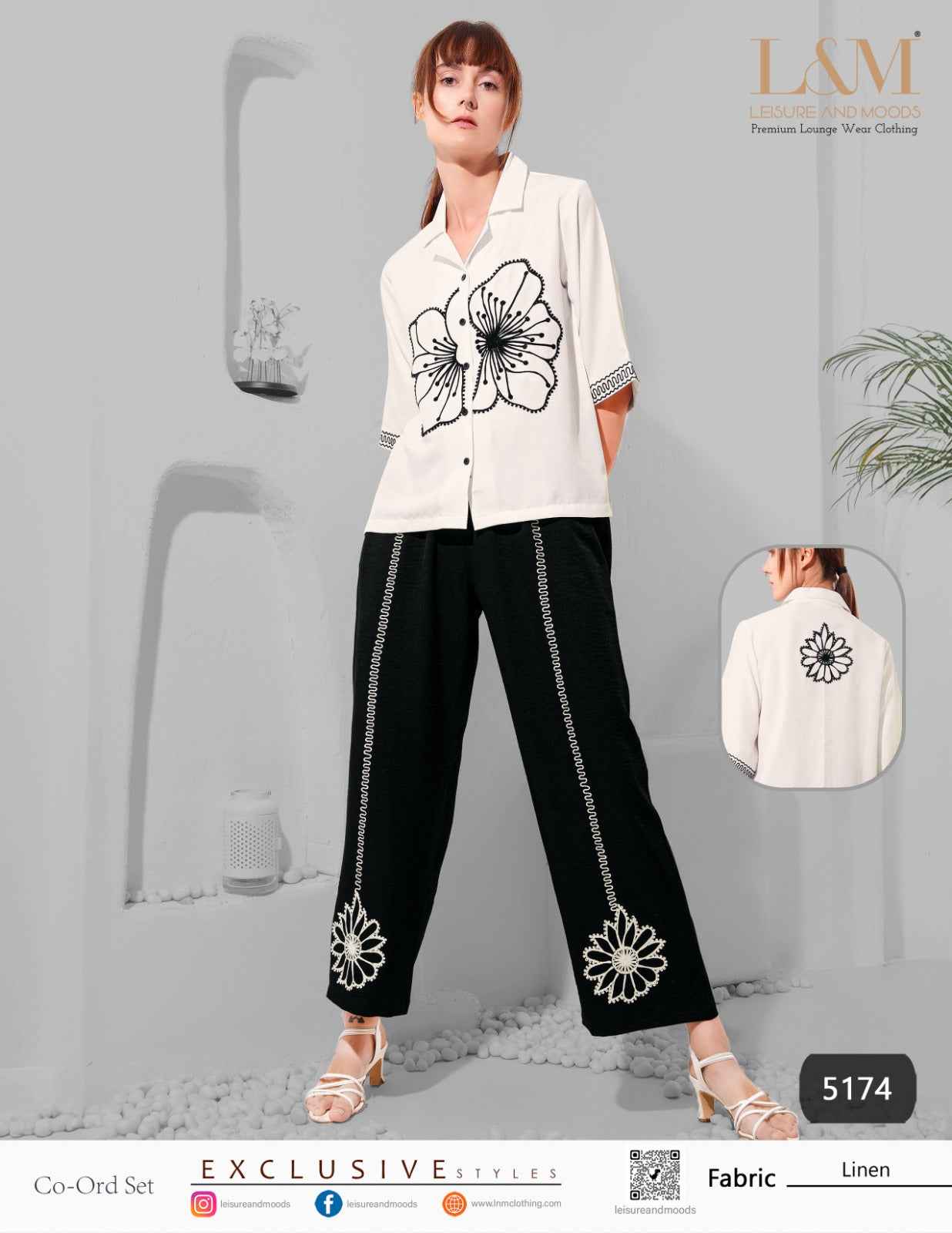 Linen Co-ord Set – White Collared Top with Floral Print & Black Embroidered Pants
