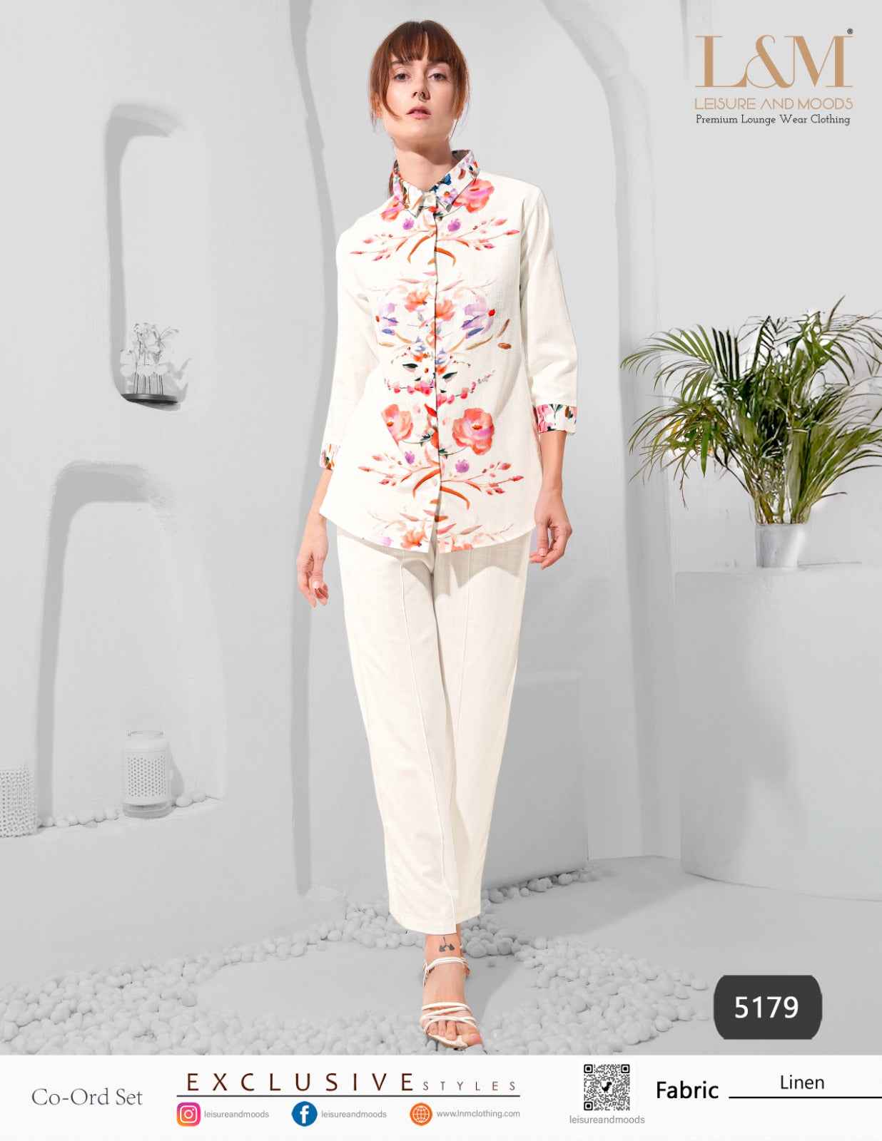 Linen Co-ord Set – White Collared Top with Vibrant Floral Print & Matching Straight Pants
