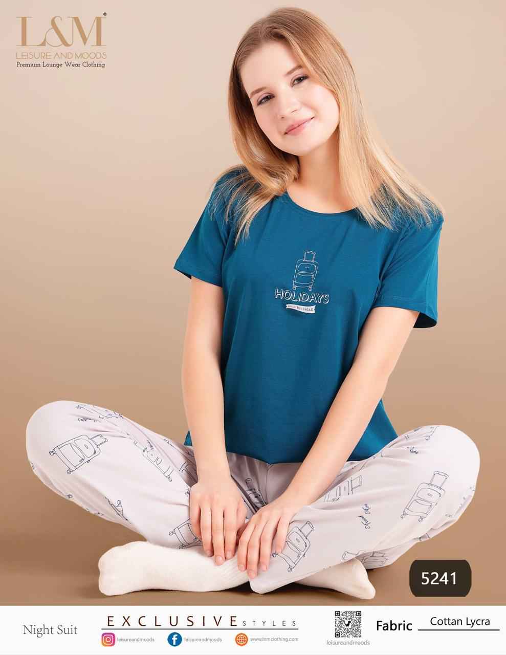 Night Suit – Teal Blue “Holidays” Top with Printed Pyjama
