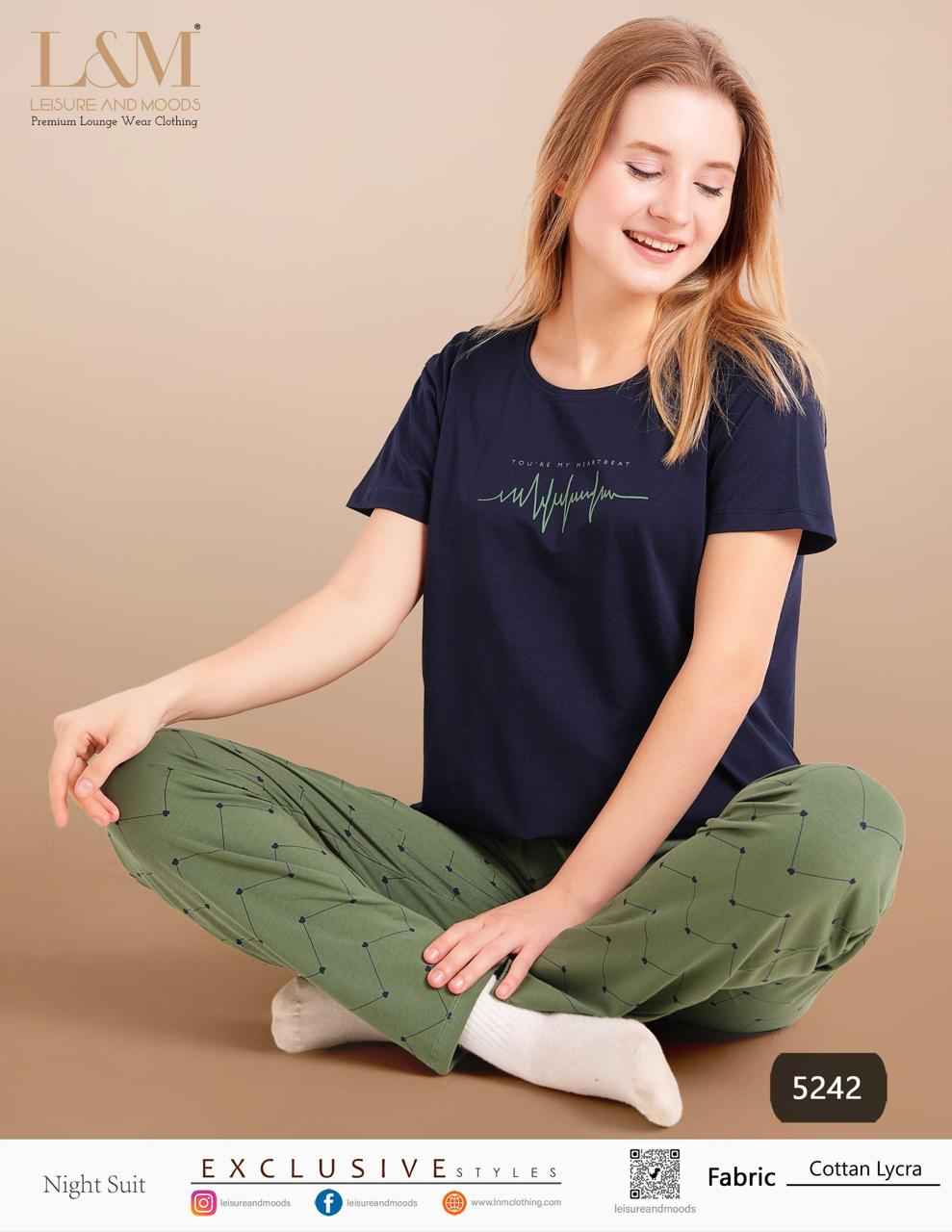 Night Suit – Navy Blue Top with Green Printed Pyjama