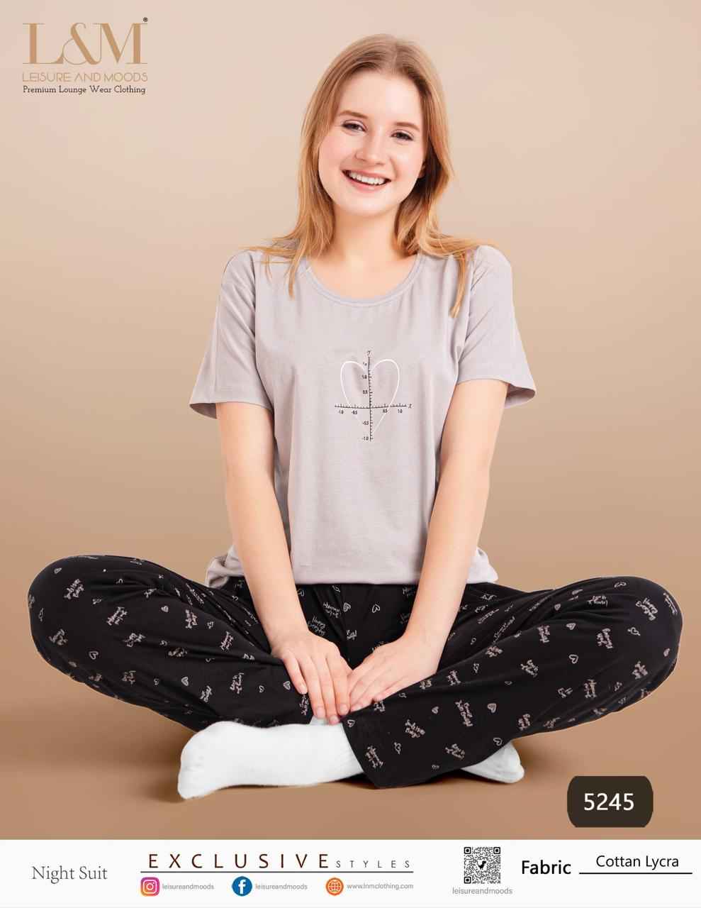 Night Suit – Grey Heart Print Top with Black Typography Pyjama
