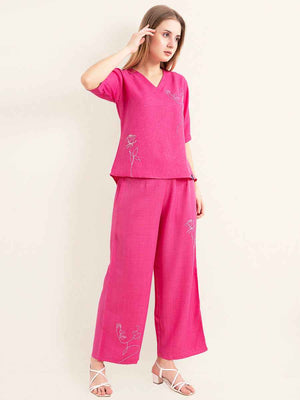 Linen Co-ord Set – Vibrant Pink V-Neck Top with Embroidered Straight Pants