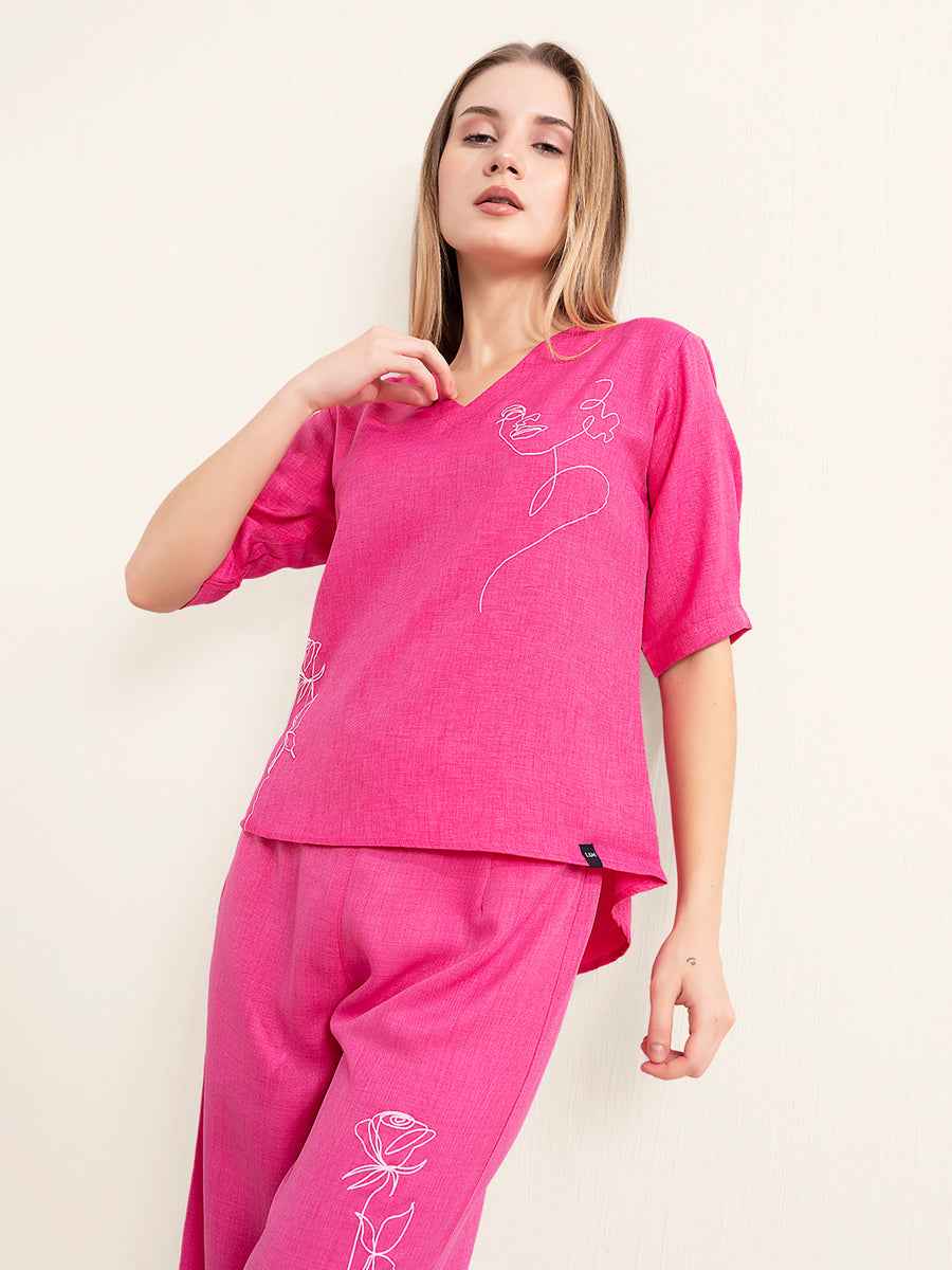 Linen Co-ord Set – Vibrant Pink V-Neck Top with Embroidered Straight Pants