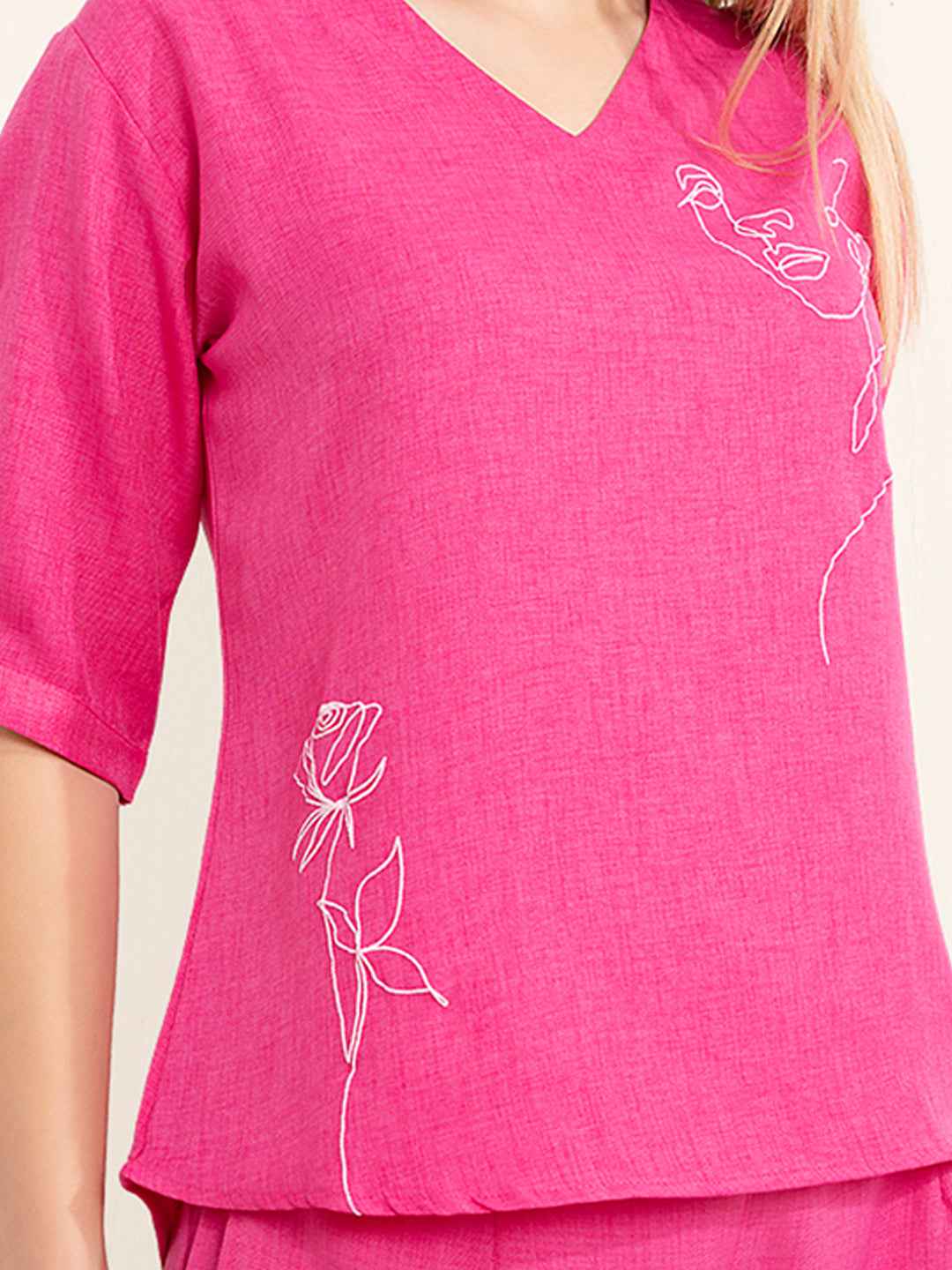 Linen Co-ord Set – Vibrant Pink V-Neck Top with Embroidered Straight Pants