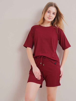 Co-ord Set - Maroon Tshirt & Shorts Set