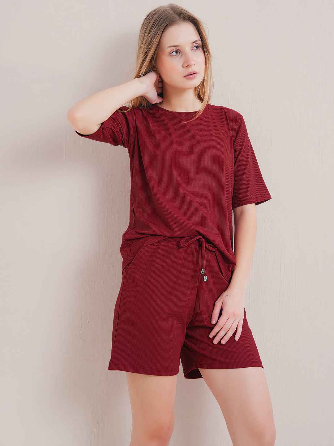 Co-ord Set - Maroon Tshirt & Shorts Set