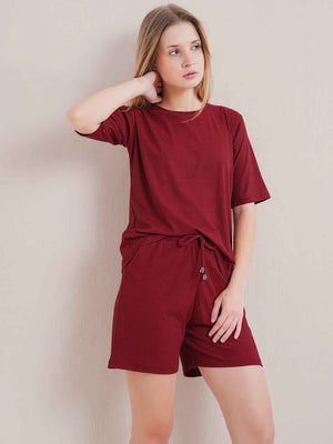 Co-ord Set - Maroon Tshirt & Shorts Set