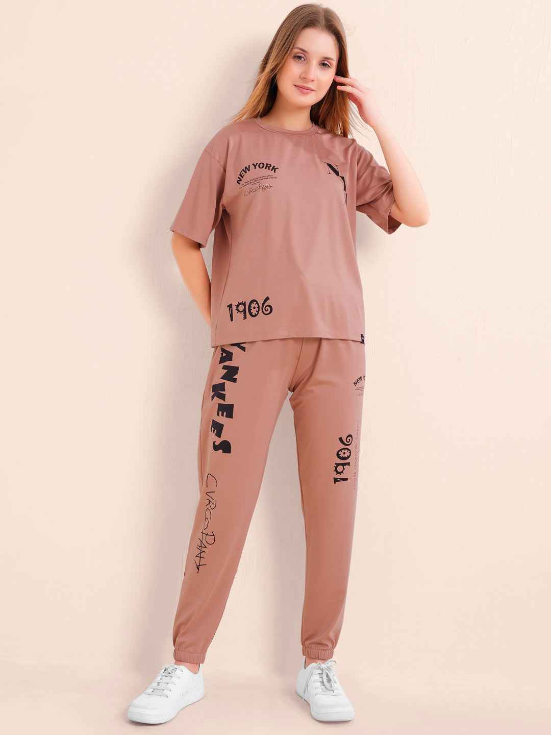 Co-ord Set - Rust Brown Trendy Printed Tshirt with Trackpant Set