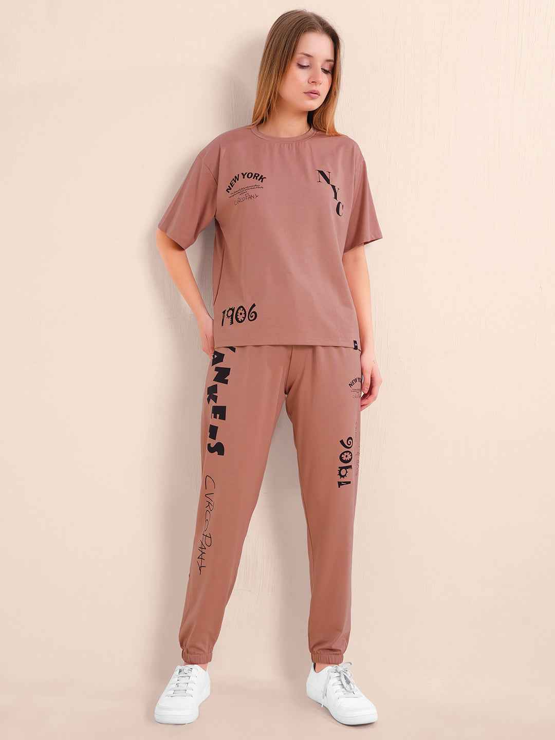 Co-ord Set - Rust Brown Trendy Printed Tshirt with Trackpant Set