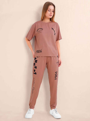 Co-ord Set - Rust Brown Trendy Printed Tshirt with Trackpant Set