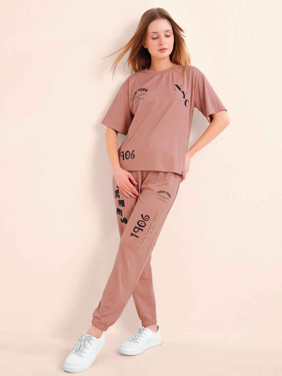 Co-ord Set - Rust Brown Trendy Printed Tshirt with Trackpant Set