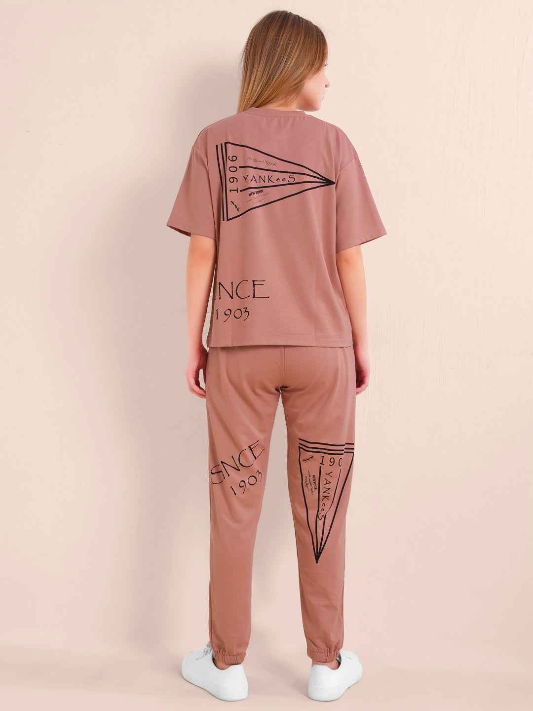 Co-ord Set - Rust Brown Trendy Printed Tshirt with Trackpant Set