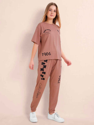 Co-ord Set - Rust Brown Trendy Printed Tshirt with Trackpant Set