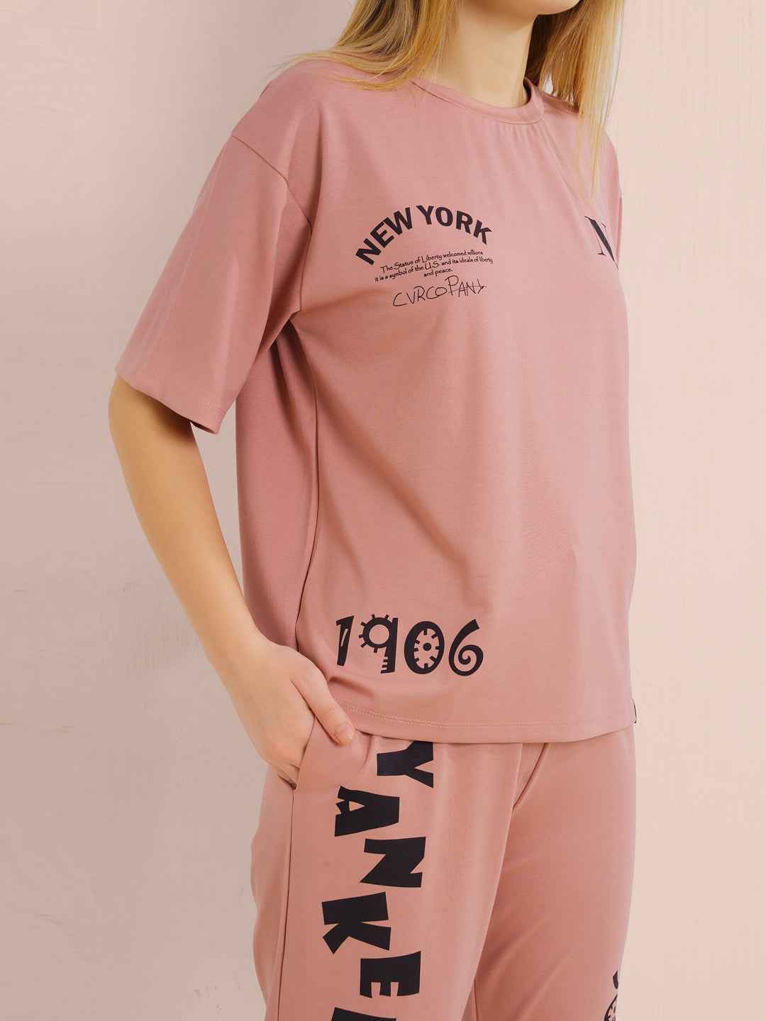 Co-ord Set - Rust Brown Trendy Printed Tshirt with Trackpant Set