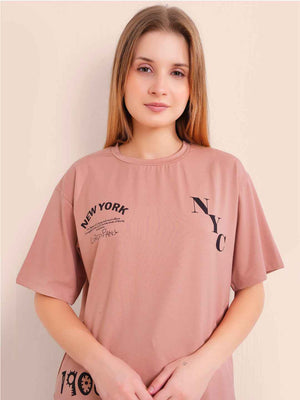 Co-ord Set - Rust Brown Trendy Printed Tshirt with Trackpant Set