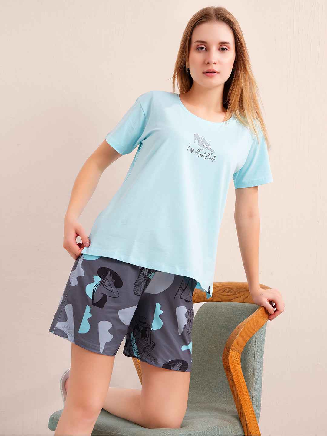 Co-ord Set - Sky Blue Cotton Printed Tshirt Shorts Co-ord Set