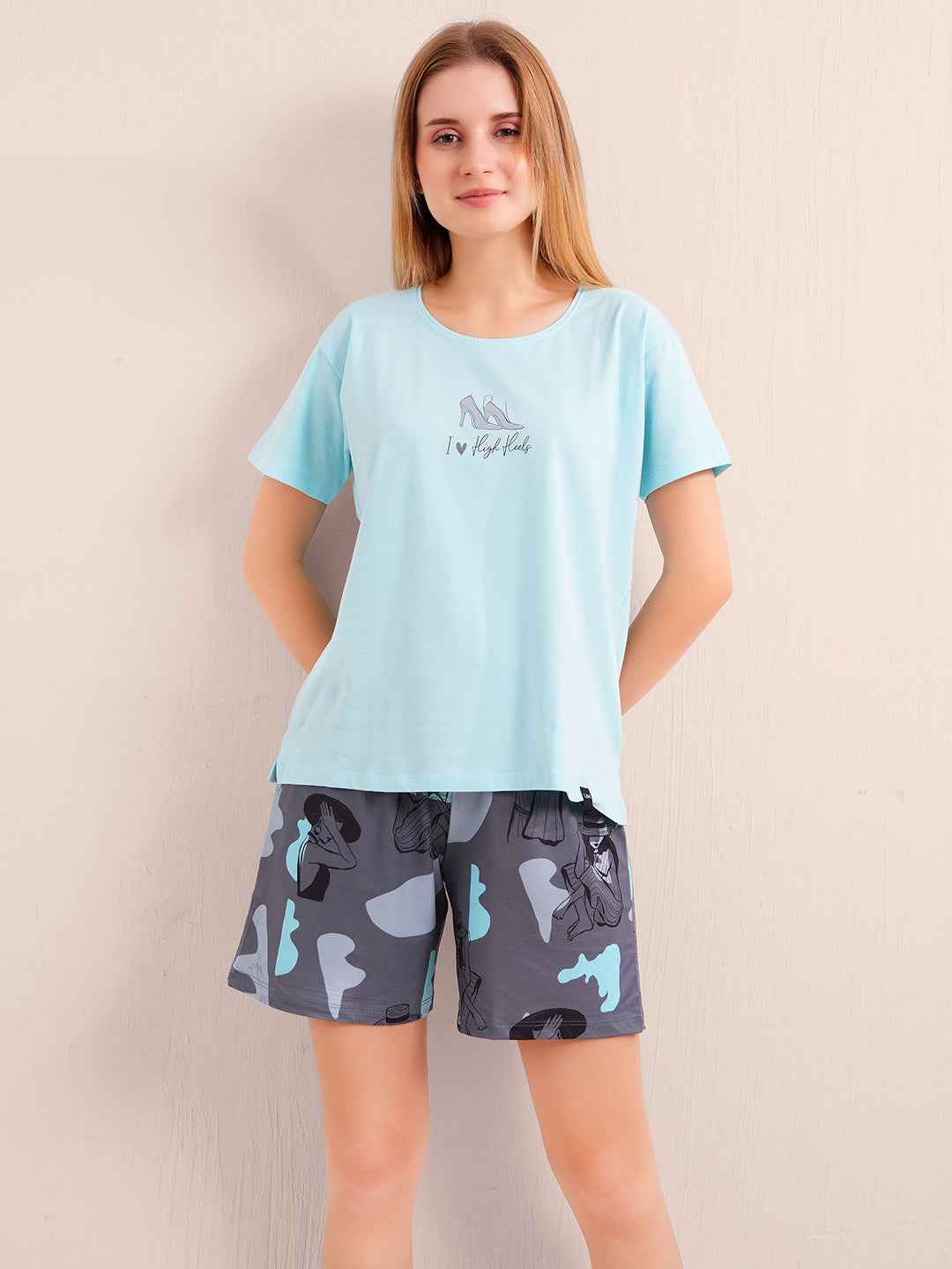 Co-ord Set - Sky Blue Cotton Printed Tshirt Shorts Co-ord Set