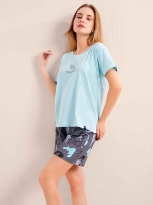 Co-ord Set - Sky Blue Cotton Printed Tshirt Shorts Co-ord Set