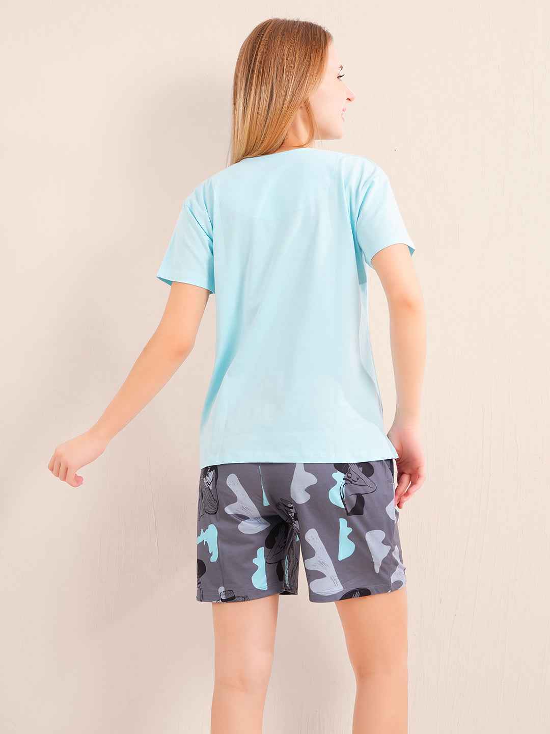 Co-ord Set - Sky Blue Cotton Printed Tshirt Shorts Co-ord Set