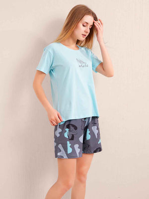 Co-ord Set - Sky Blue Cotton Printed Tshirt Shorts Co-ord Set