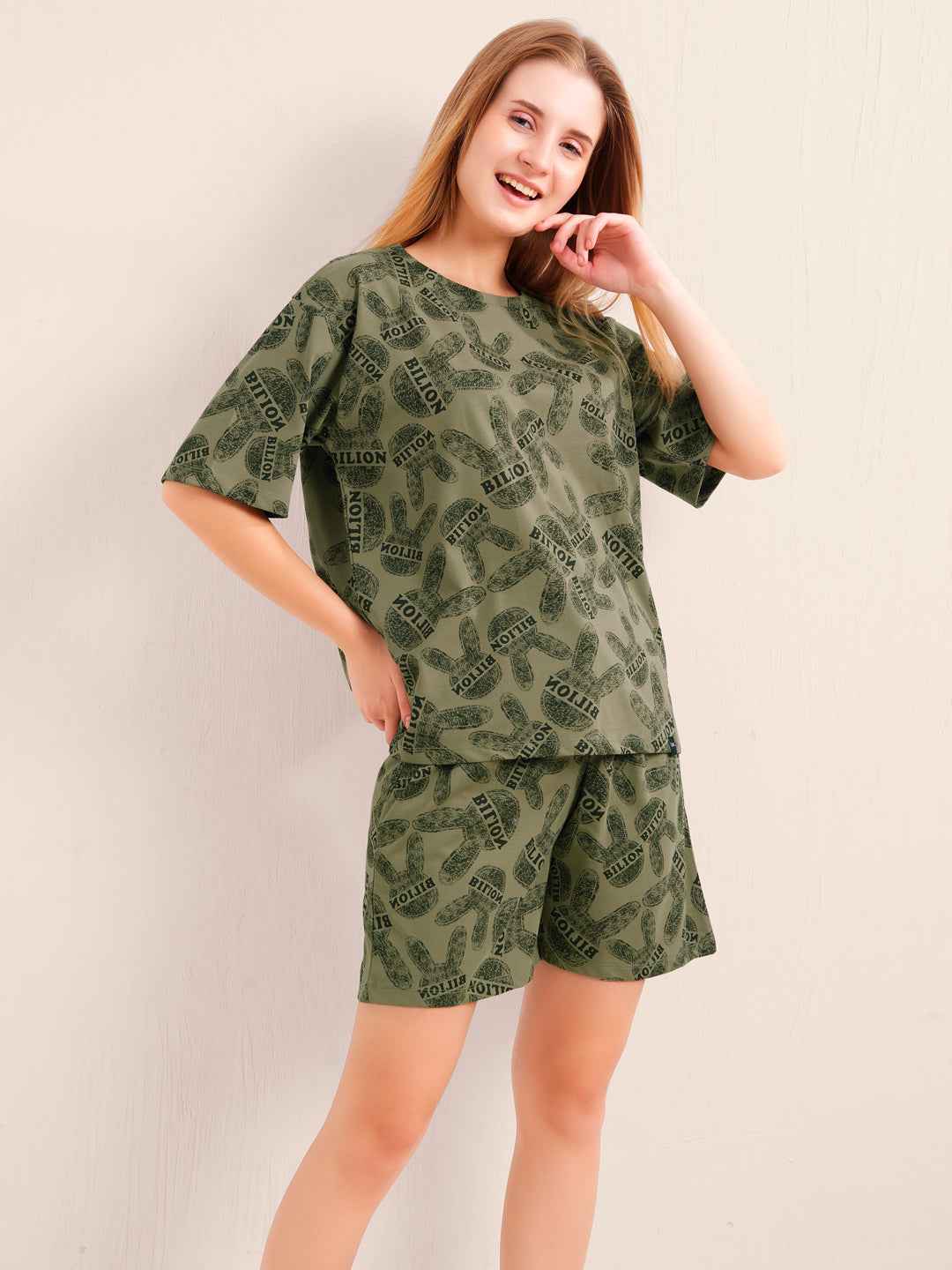 Shorts Set - Olive Green Graphic Printed Top & Shorts