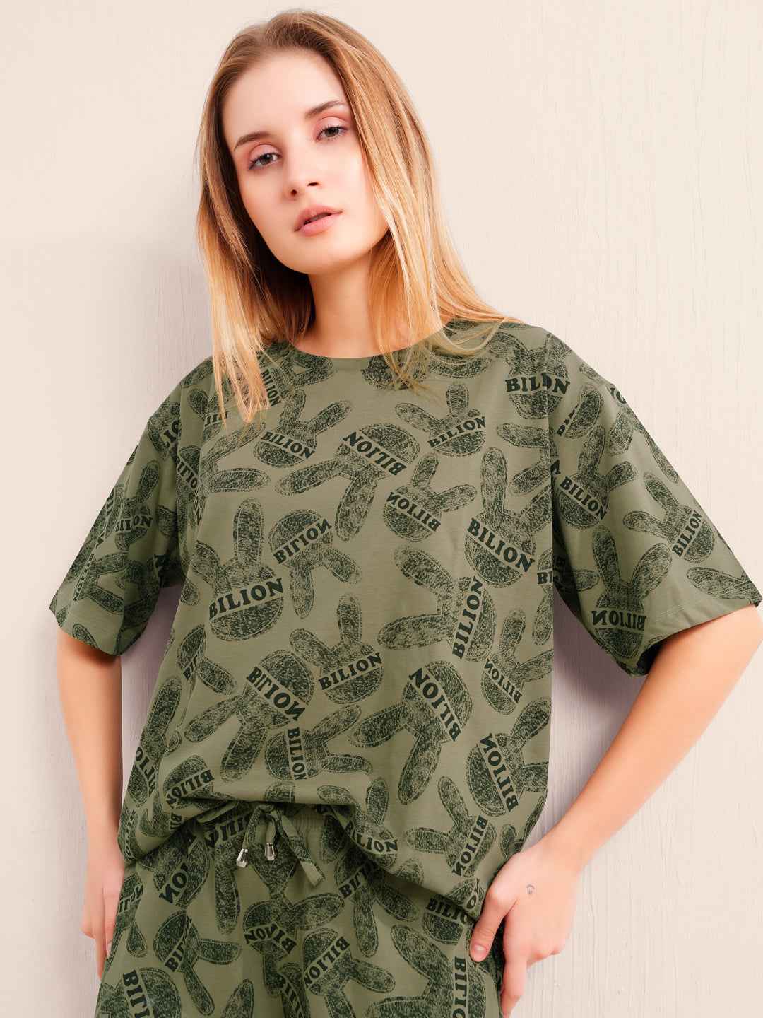 Shorts Set - Olive Green Graphic Printed Top & Shorts