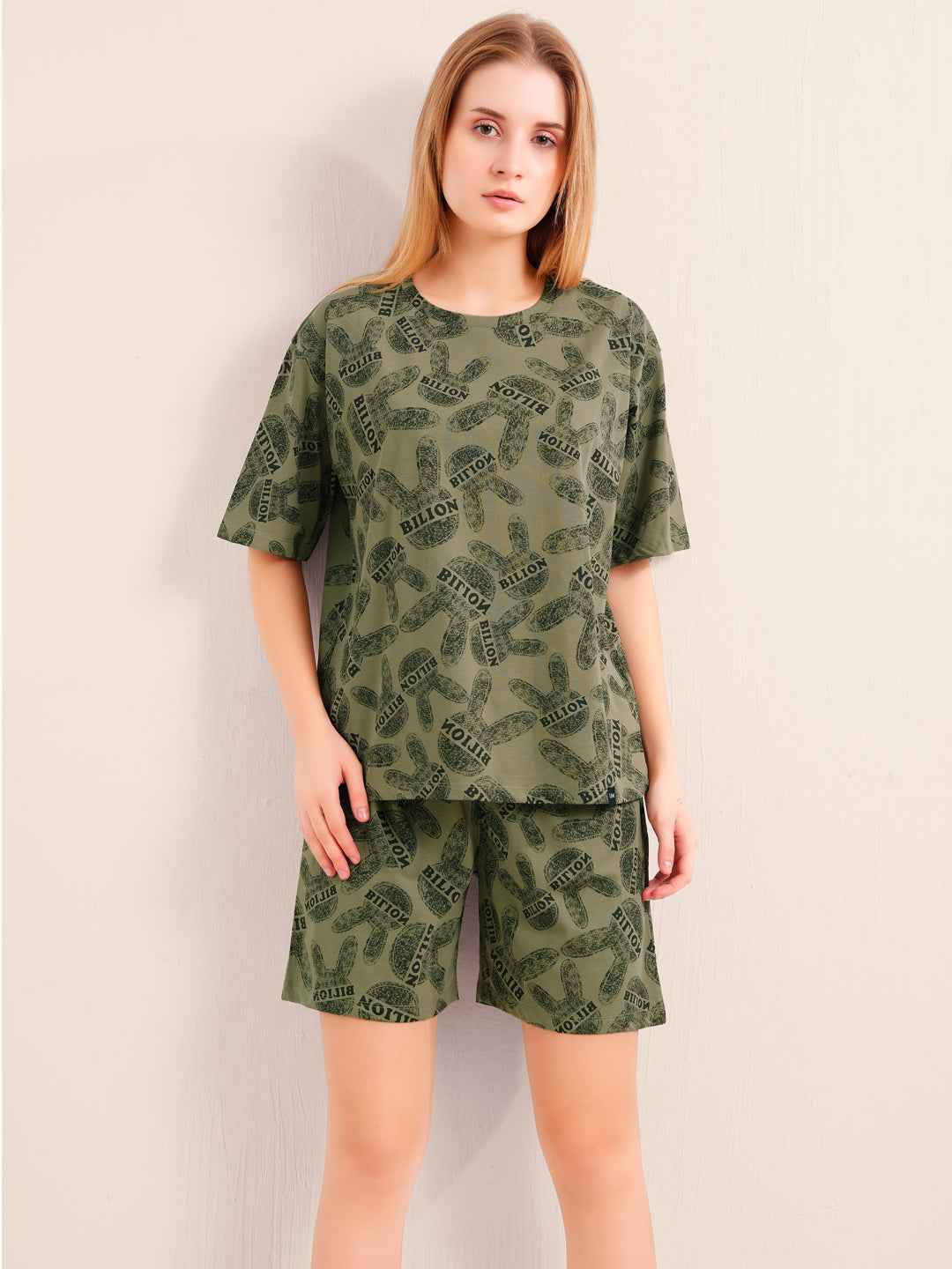 Shorts Set - Olive Green Graphic Printed Top & Shorts