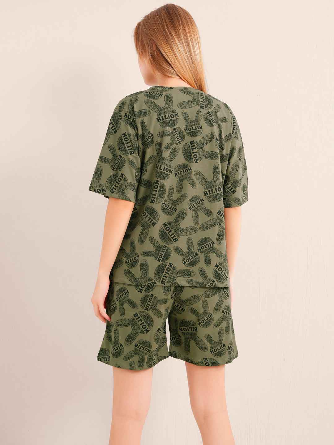 Shorts Set - Olive Green Graphic Printed Top & Shorts