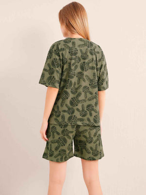 Shorts Set - Olive Green Graphic Printed Top & Shorts