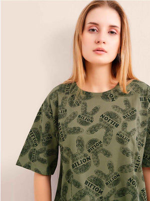 Shorts Set - Olive Green Graphic Printed Top & Shorts