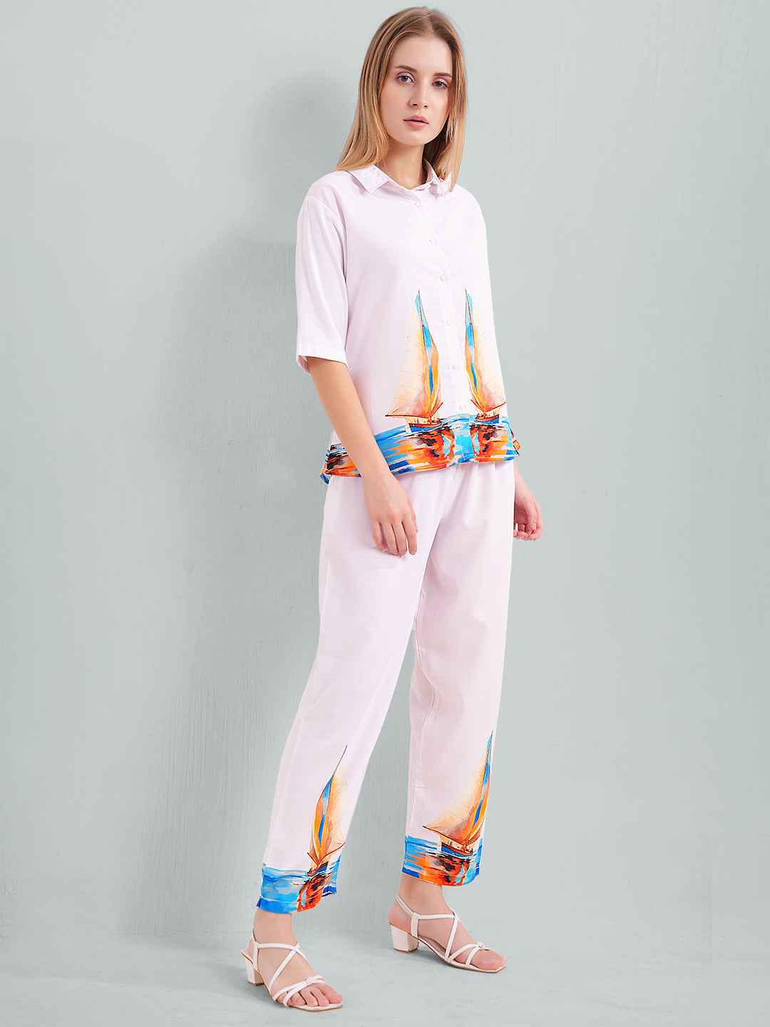 Rayon Co-ord Set – White Shirt & Pant with Colorful Sailboat Print