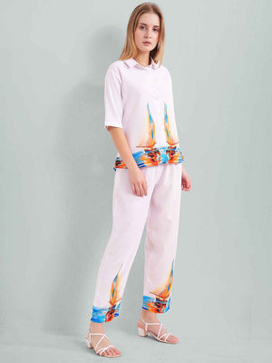 Rayon Co-ord Set – White Shirt & Pant with Colorful Sailboat Print