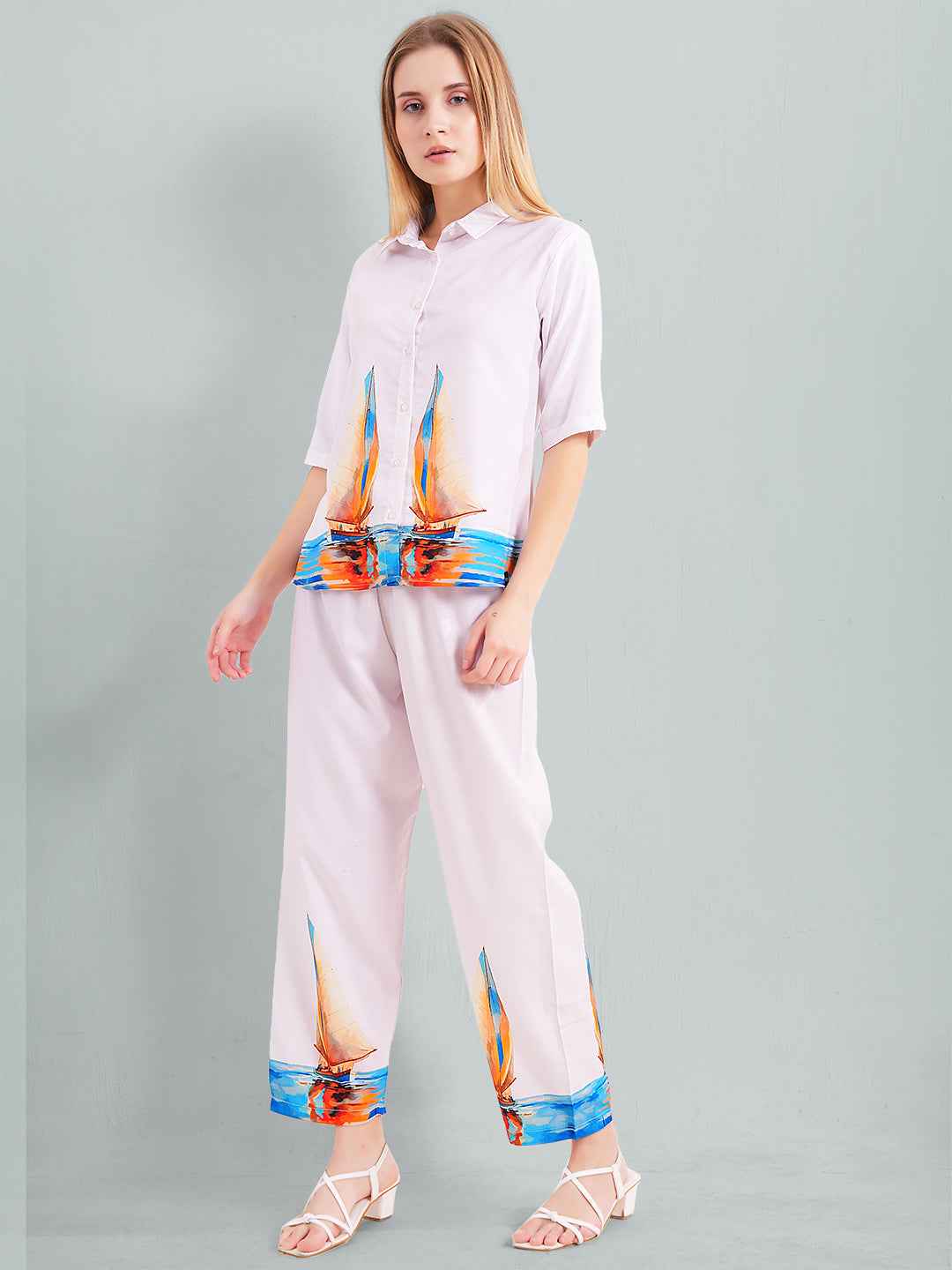 Rayon Co-ord Set – White Shirt & Pant with Colorful Sailboat Print