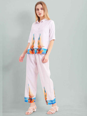 Rayon Co-ord Set – White Shirt & Pant with Colorful Sailboat Print