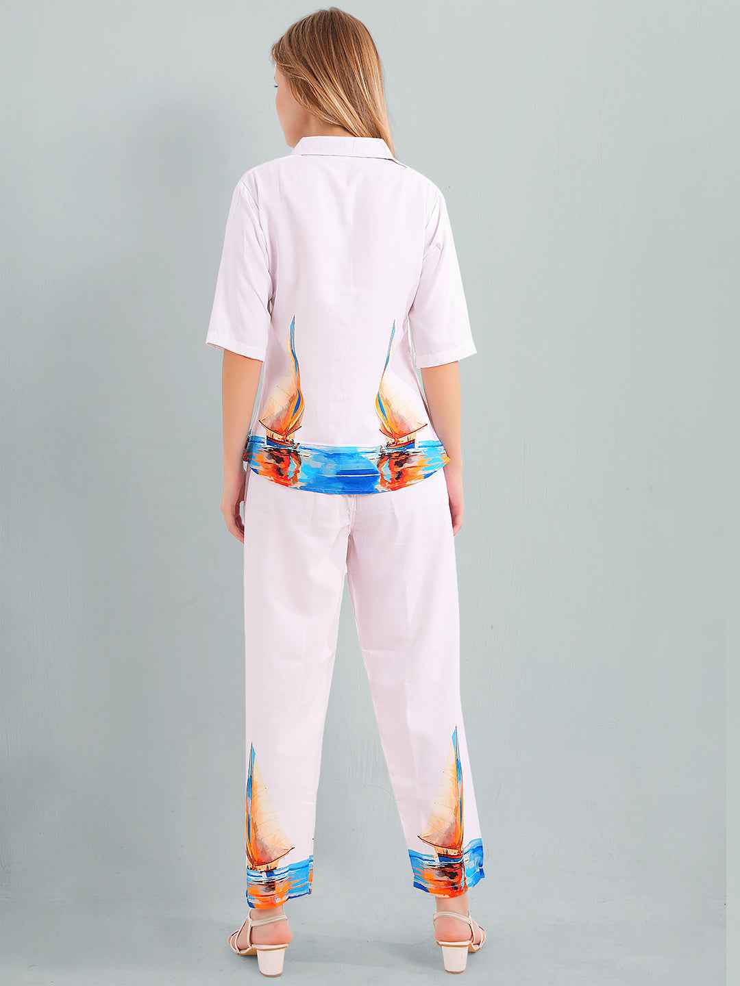 Rayon Co-ord Set – White Shirt & Pant with Colorful Sailboat Print