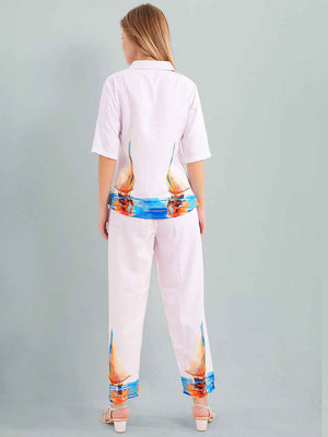 Rayon Co-ord Set – White Shirt & Pant with Colorful Sailboat Print