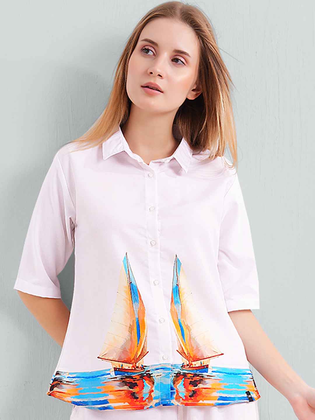Rayon Co-ord Set – White Shirt & Pant with Colorful Sailboat Print
